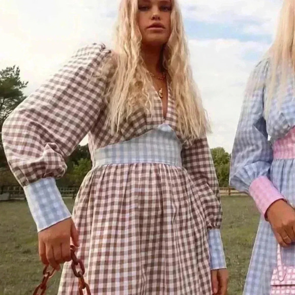 DEFECT-Molby the Label Mini Dress Womens 4 Gingham Brown and Light Blue - Picture 2 of 16